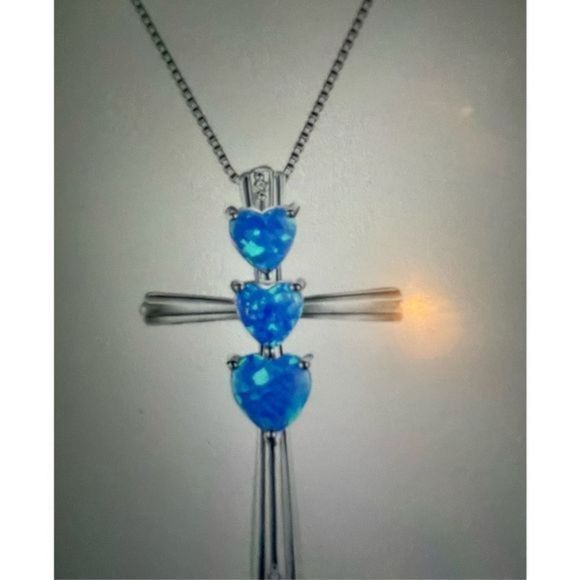 BLUE OPAL HEARTS ON STERLING SILVER CROSS NECKLACE - Picture 2 of 3